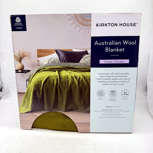 Australian Wool Blanket in Olive Green, Cozy To Fit Single/Double Bed NEW