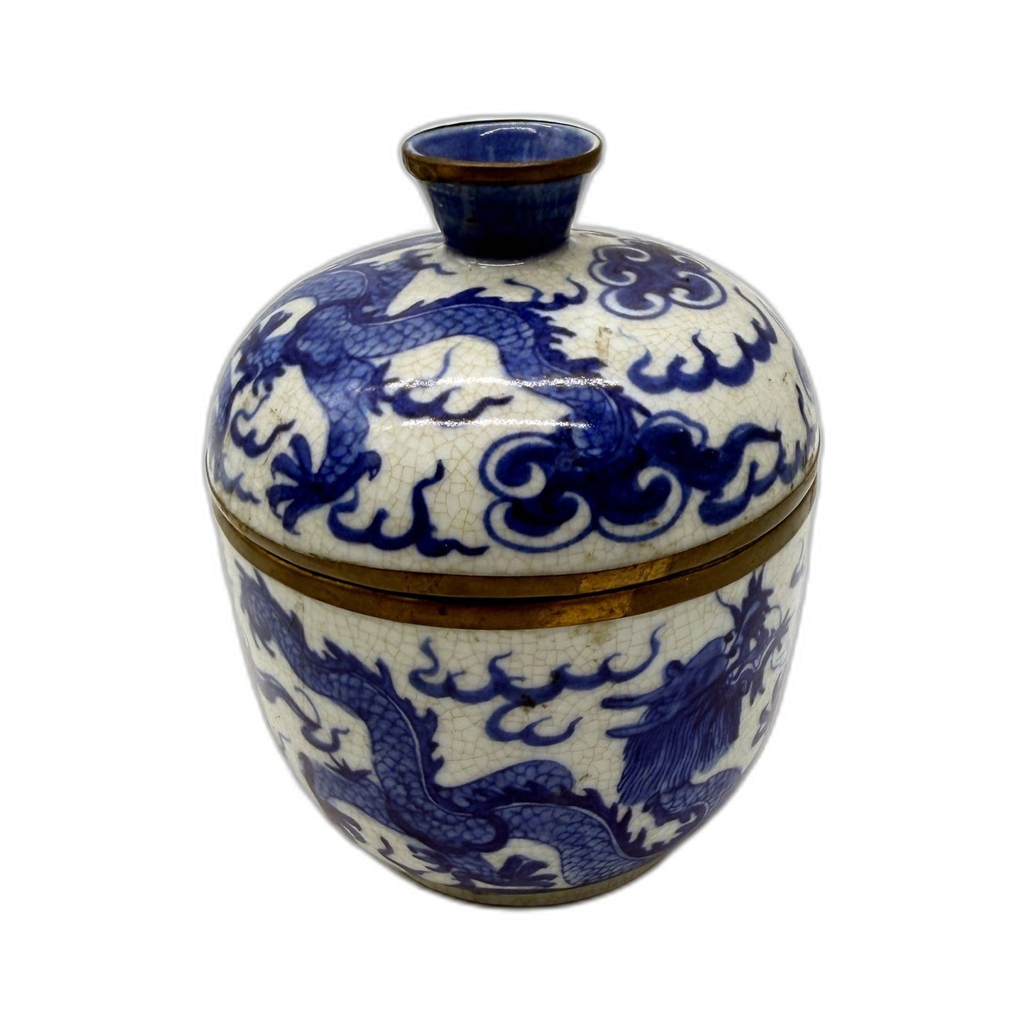 ANTIQUE Qing Dynasty Shunzi Blue Dragon Glaze Ceramic Urn With Lid