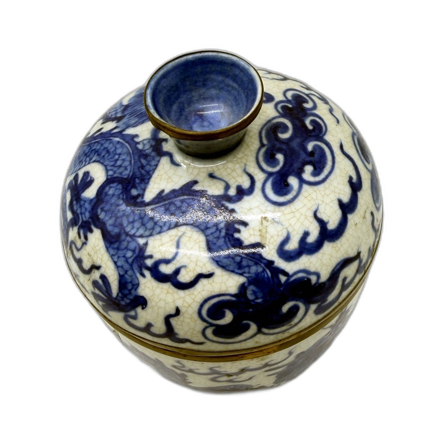 ANTIQUE Qing Dynasty Shunzi Blue Dragon Glaze Ceramic Urn With Lid