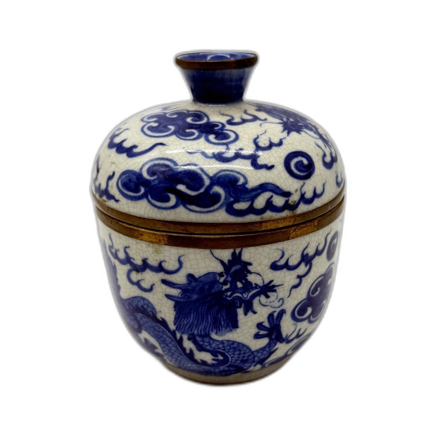 ANTIQUE Qing Dynasty Shunzi Blue Dragon Glaze Ceramic Urn With Lid