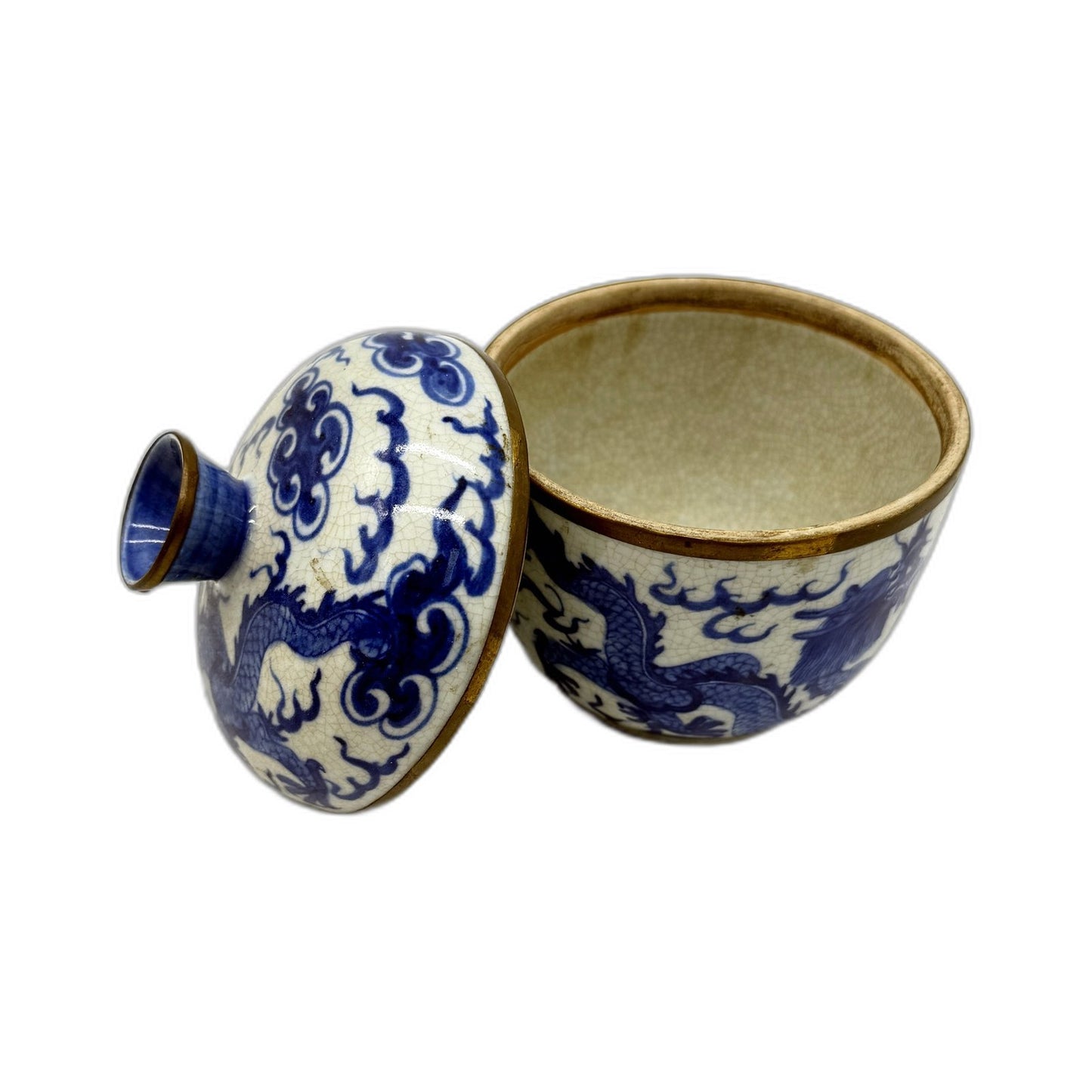 ANTIQUE Qing Dynasty Shunzi Blue Dragon Glaze Ceramic Urn With Lid