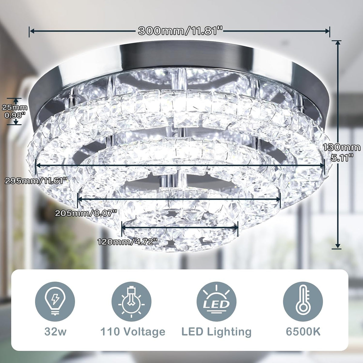 Cainjiazh 11.8 Chandeliers Inch Round Crystal Ceiling Light LED Cool White NEW