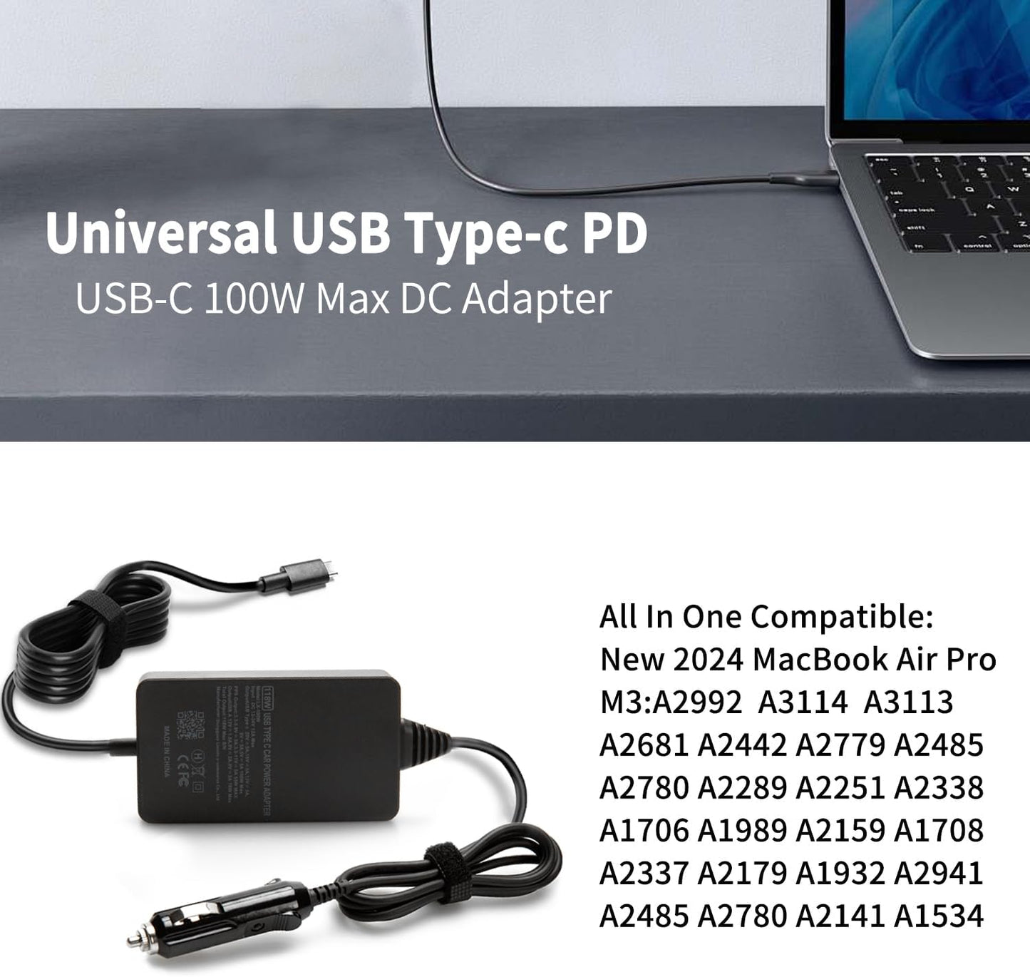 HSXIRQA 100W Car Laptop Charger USB-C for MacBook HP Dell Asus Thinkpad NEW