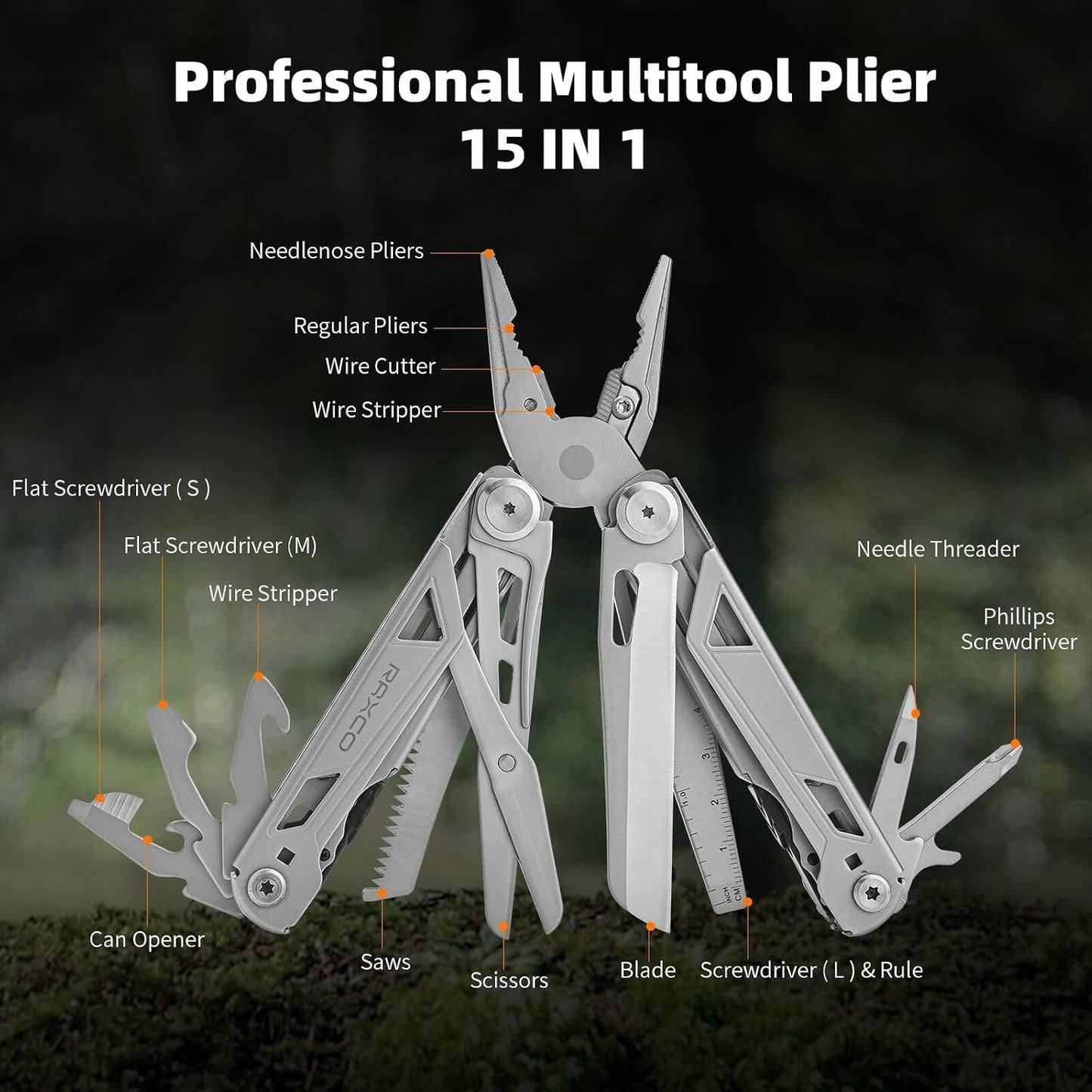 RAXCO 15-in-1 Stainless Steel Foldable Multitool Pliers In Pouch NEW