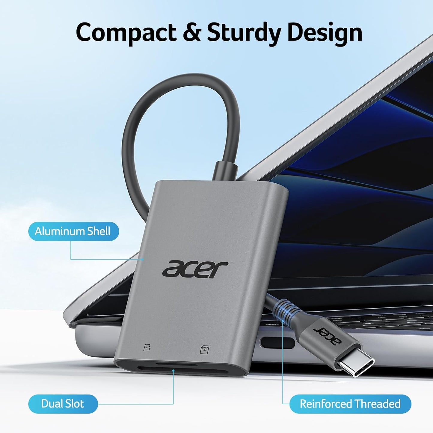 Acer Aluminum USB-C SD Card Reader Micro Adapter with Cord External Memory NEW