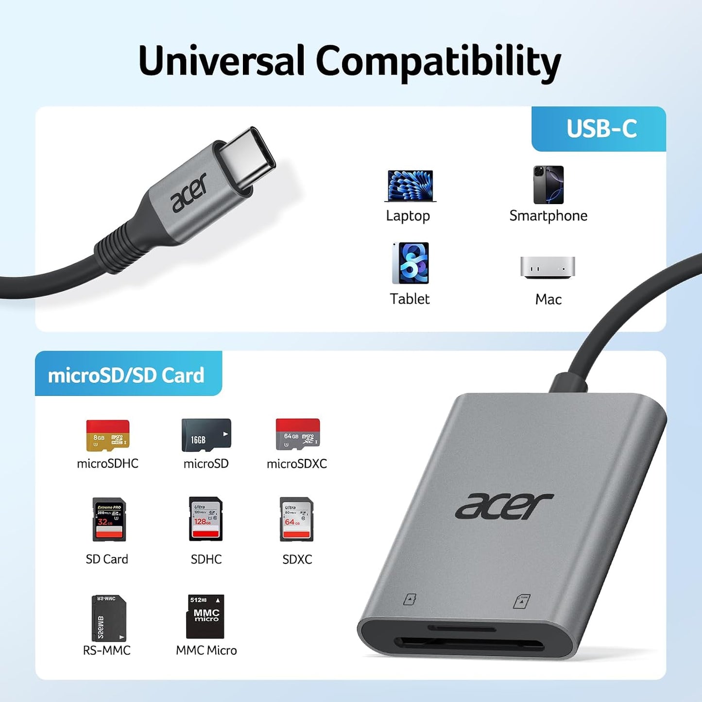 Acer Aluminum USB-C SD Card Reader Micro Adapter with Cord External Memory NEW