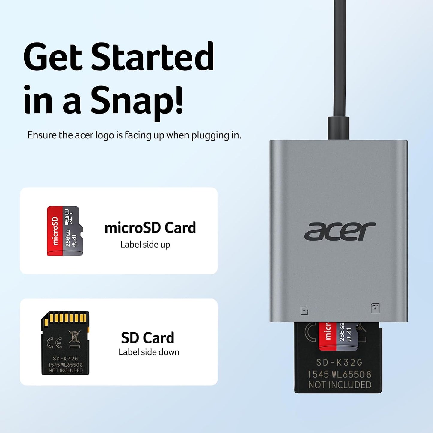 Acer Aluminum USB-C SD Card Reader Micro Adapter with Cord External Memory NEW