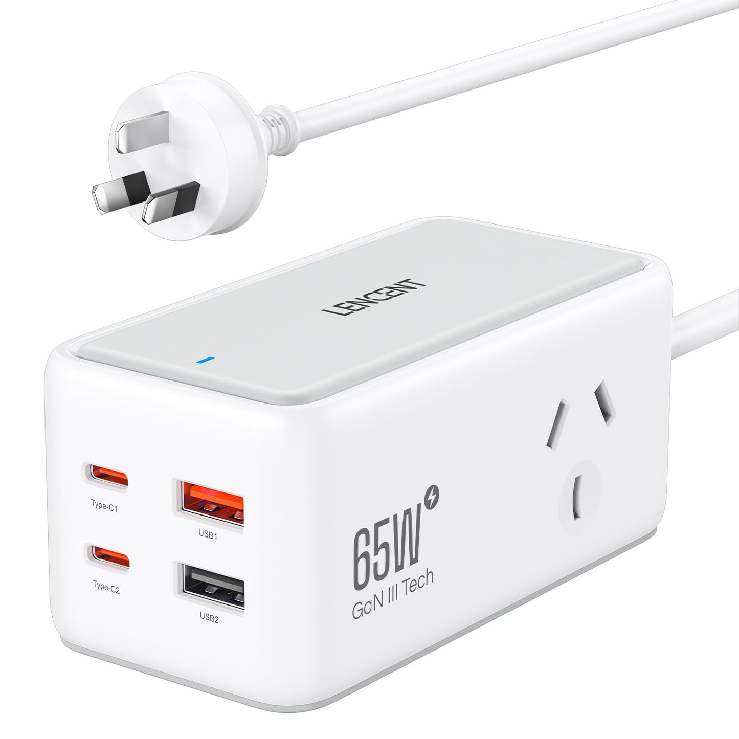 LENCENT 65W USB Fast Charger Power Strip with 2 Outlets GaN Charging NEW