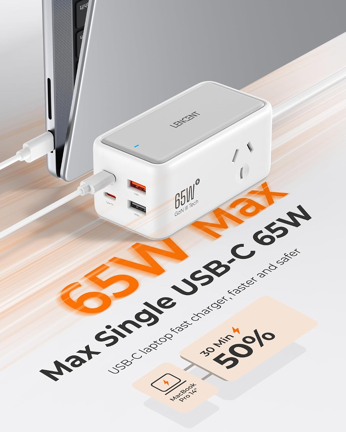 LENCENT 65W USB Fast Charger Power Strip with 2 Outlets GaN Charging NEW