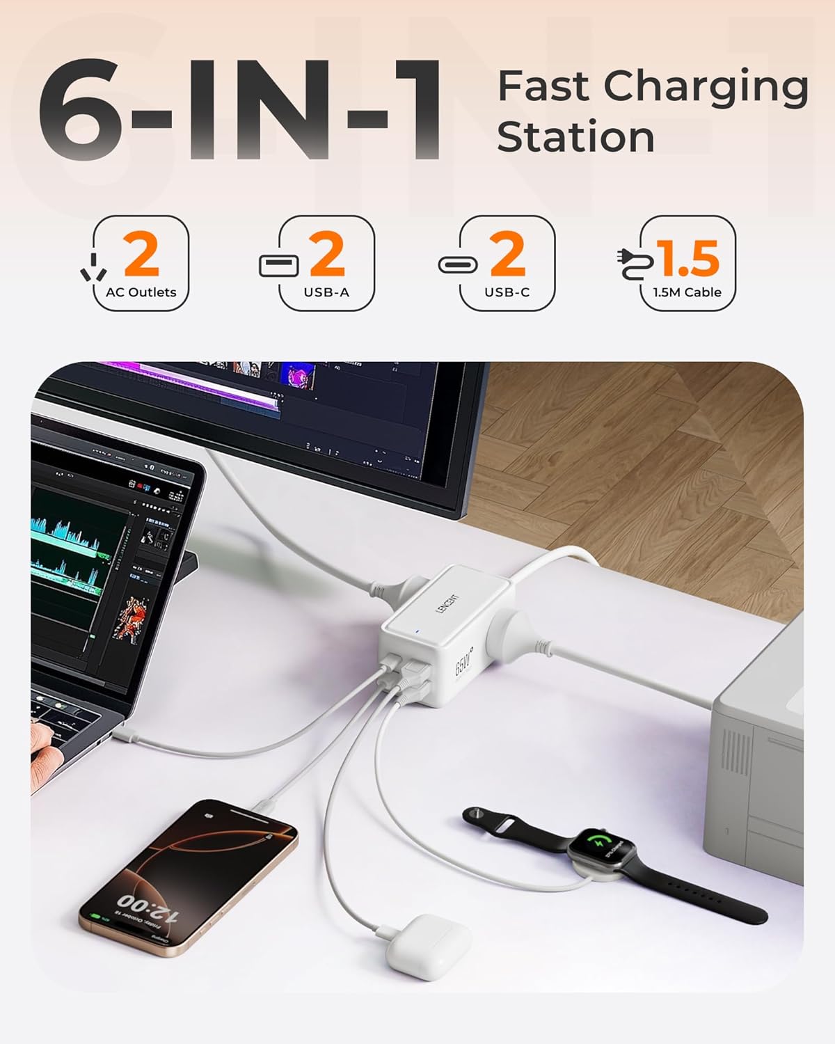 LENCENT 65W USB Fast Charger Power Strip with 2 Outlets GaN Charging NEW