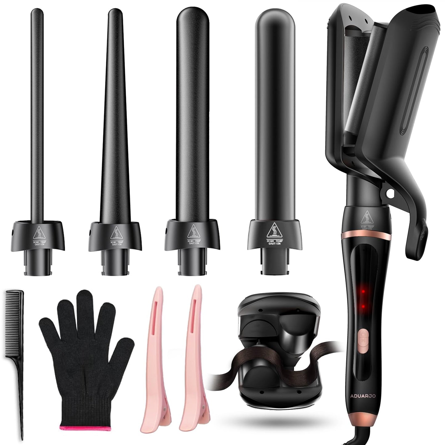 Aduarjo 5-in-1 Curling Wand Set Hair Curler Waver Iron Instant Heat Black NEW