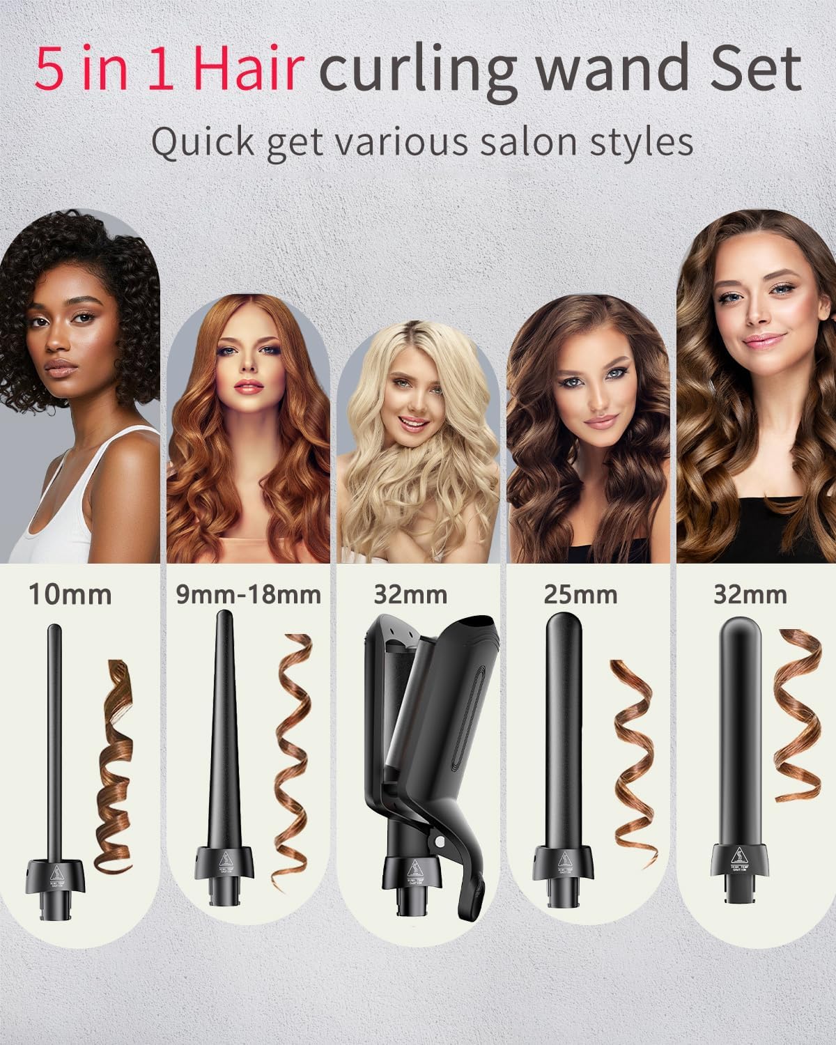 Aduarjo 5-in-1 Curling Wand Set Hair Curler Waver Iron Instant Heat Black NEW