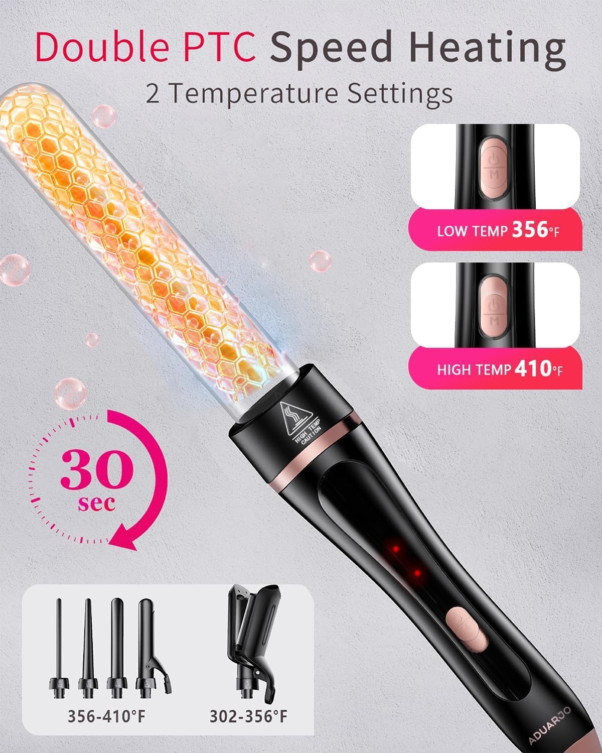 Aduarjo 5-in-1 Curling Wand Set Hair Curler Waver Iron Instant Heat Black NEW