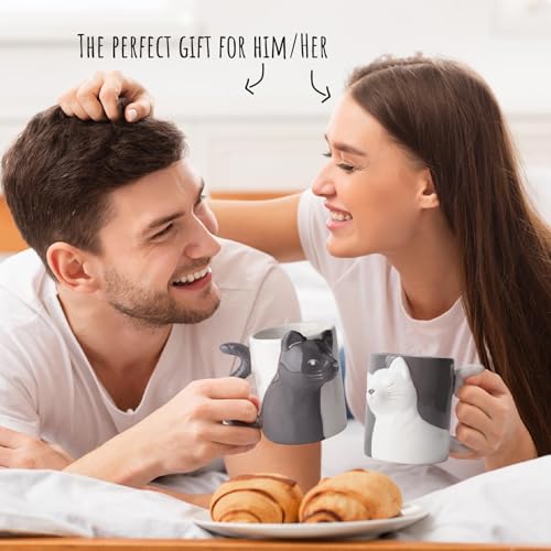 MIAMIO Kissing Cat Ceramic Mugs Set, Unique Gifts for Couples 2 Pack NEW
