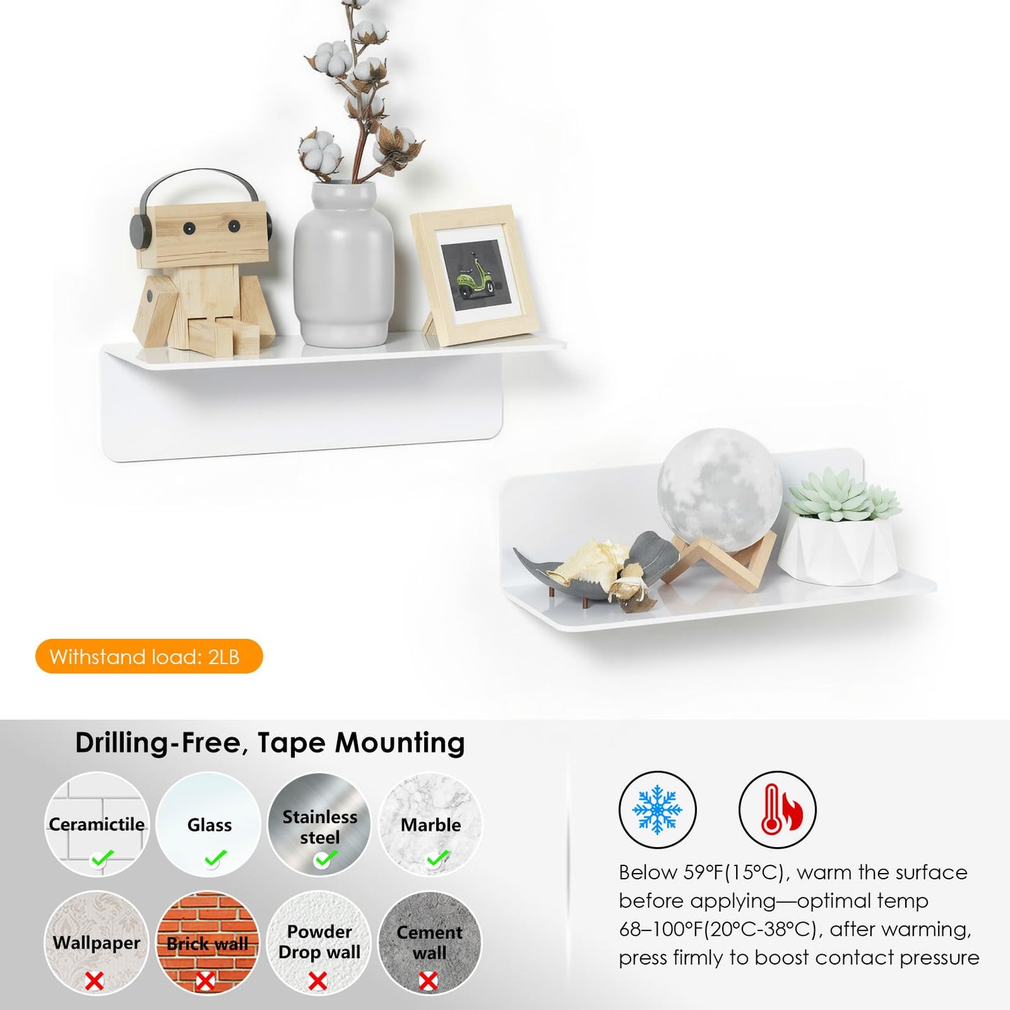 OAPRIRE White Floating Wall Shelves Set of 2 Easily Expand Storage Space NEW