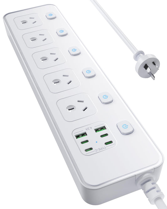 Billord 5 AC Outlet & 6 USB-C Port Power Strip, White, Surge Protector NEW