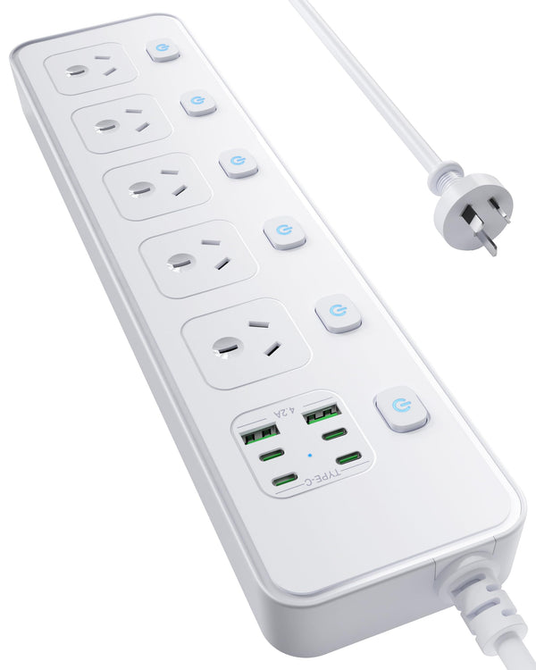 Billord 5 AC Outlet & 6 USB-C Port Power Strip, White, Surge Protector NEW