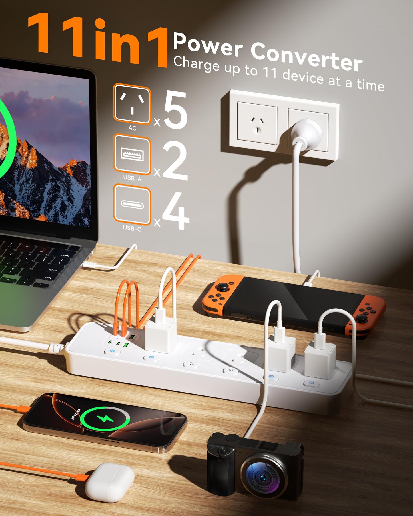 Billord 5 AC Outlet & 6 USB-C Port Power Strip, White, Surge Protector NEW