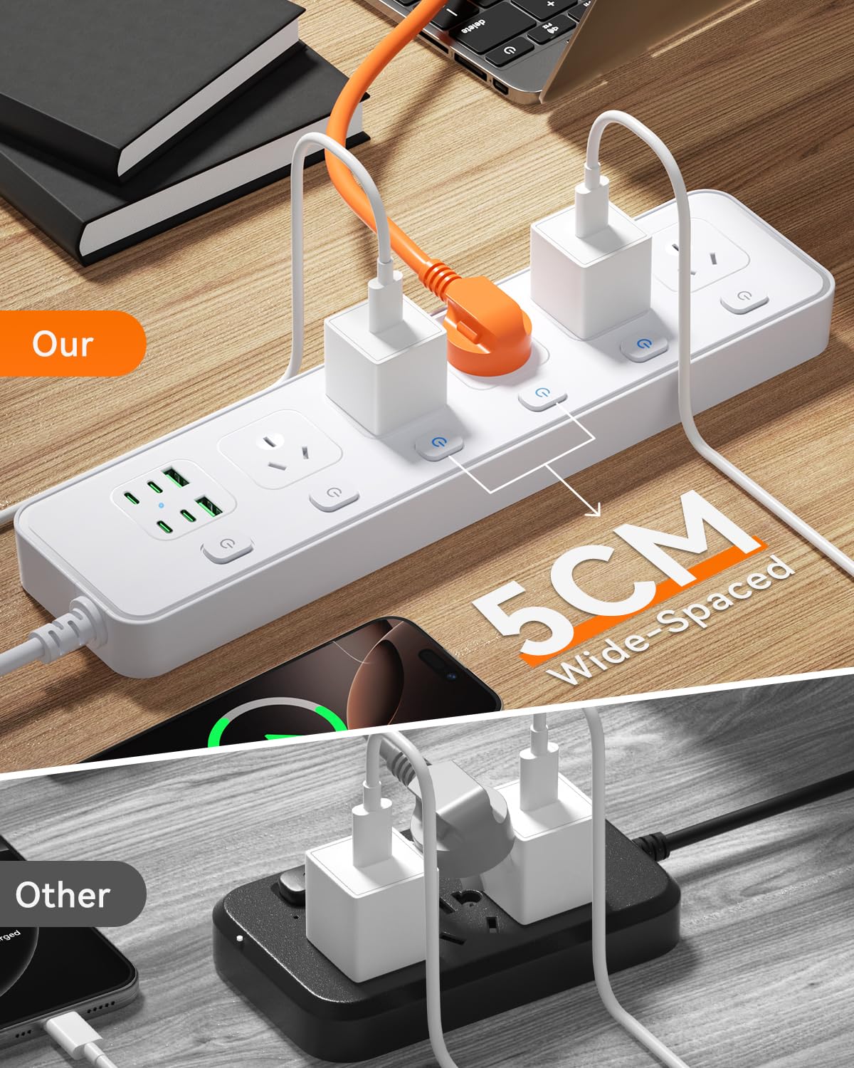 Billord 5 AC Outlet & 6 USB-C Port Power Strip, White, Surge Protector NEW