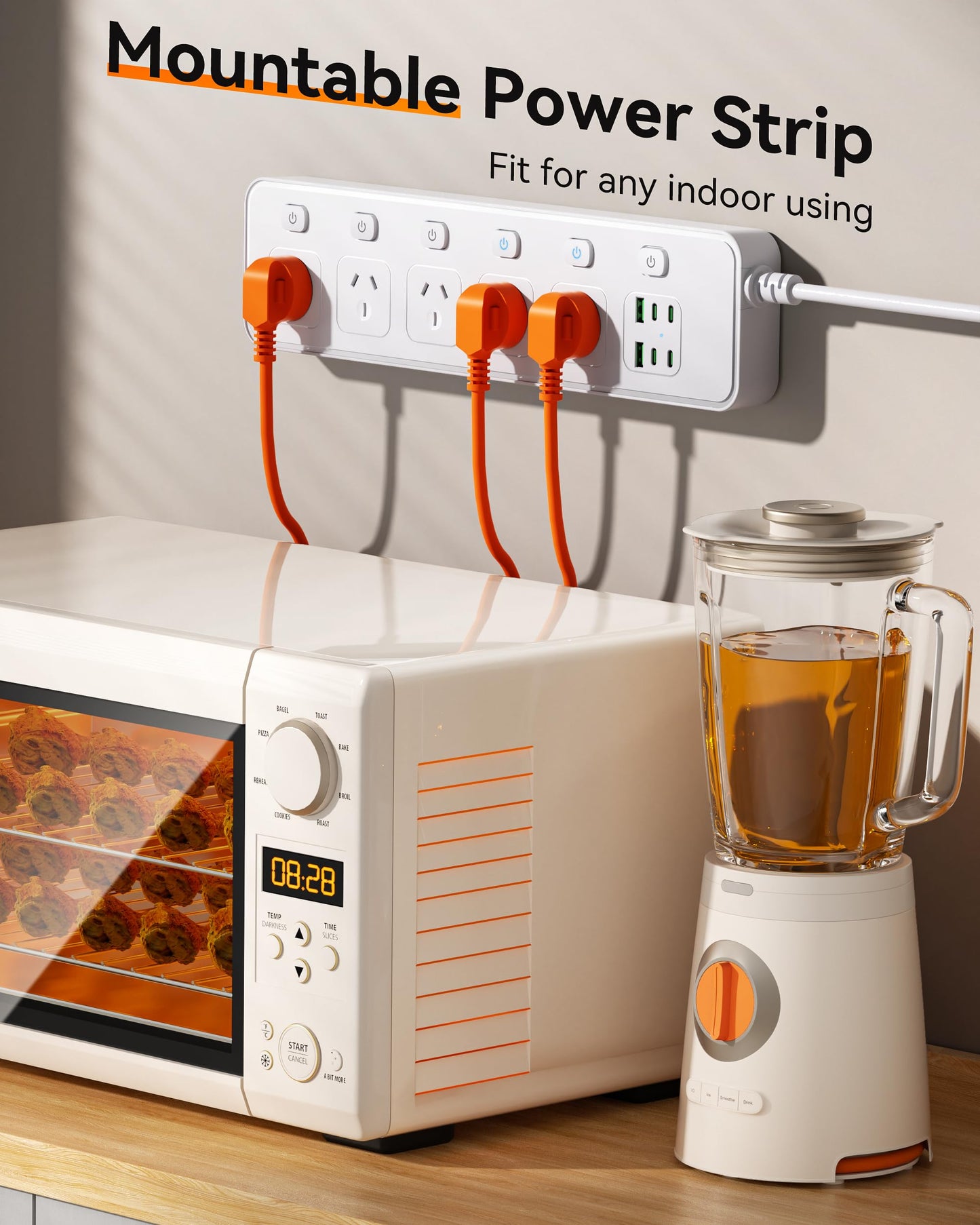 Billord 5 AC Outlet & 6 USB-C Port Power Strip, White, Surge Protector NEW