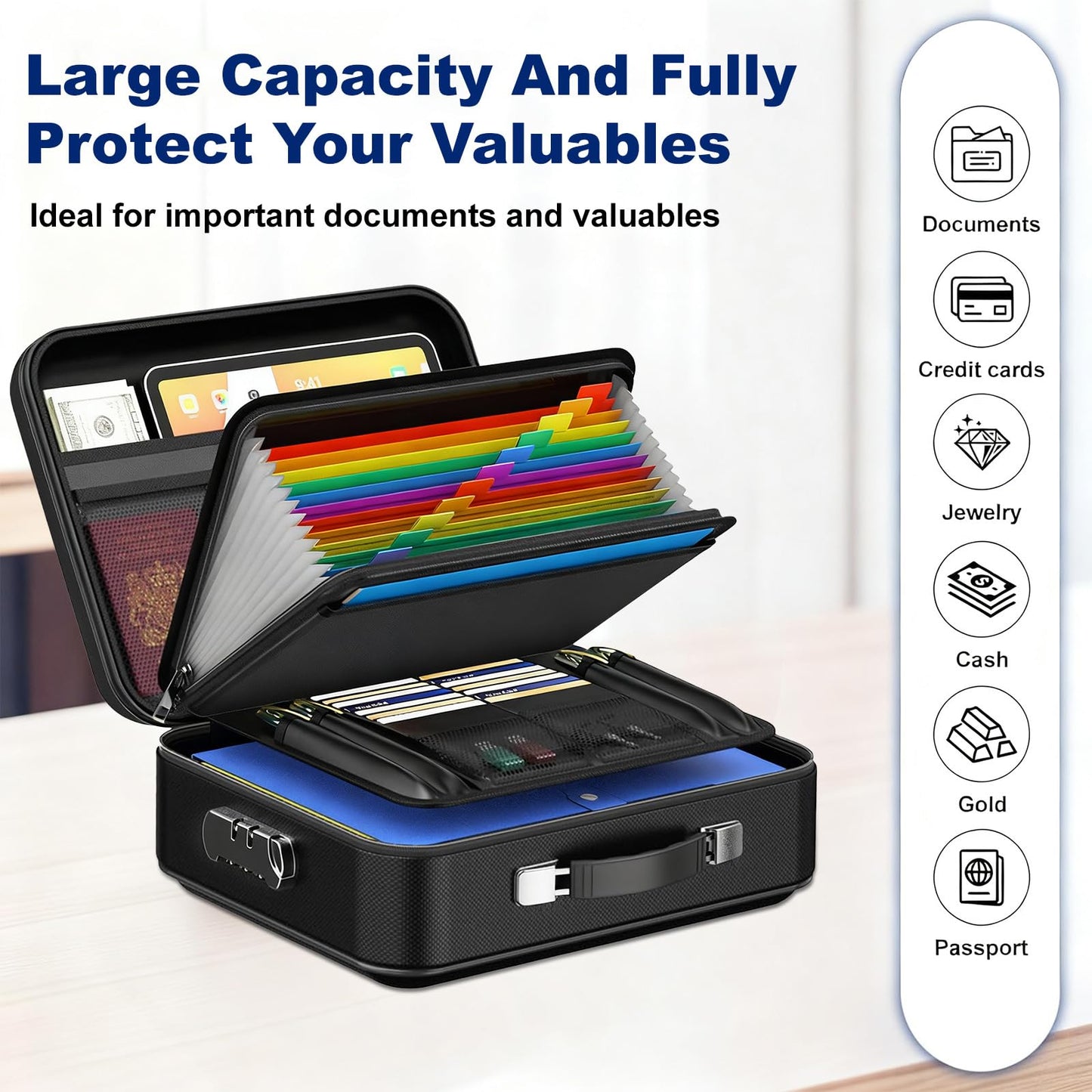 QZTHOU Fireproof Waterproof Black Hard Case Safe Box with Lock Security DEMO