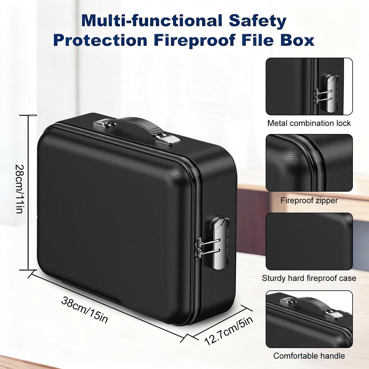 QZTHOU Fireproof Waterproof Black Hard Case Safe Box with Lock Security DEMO