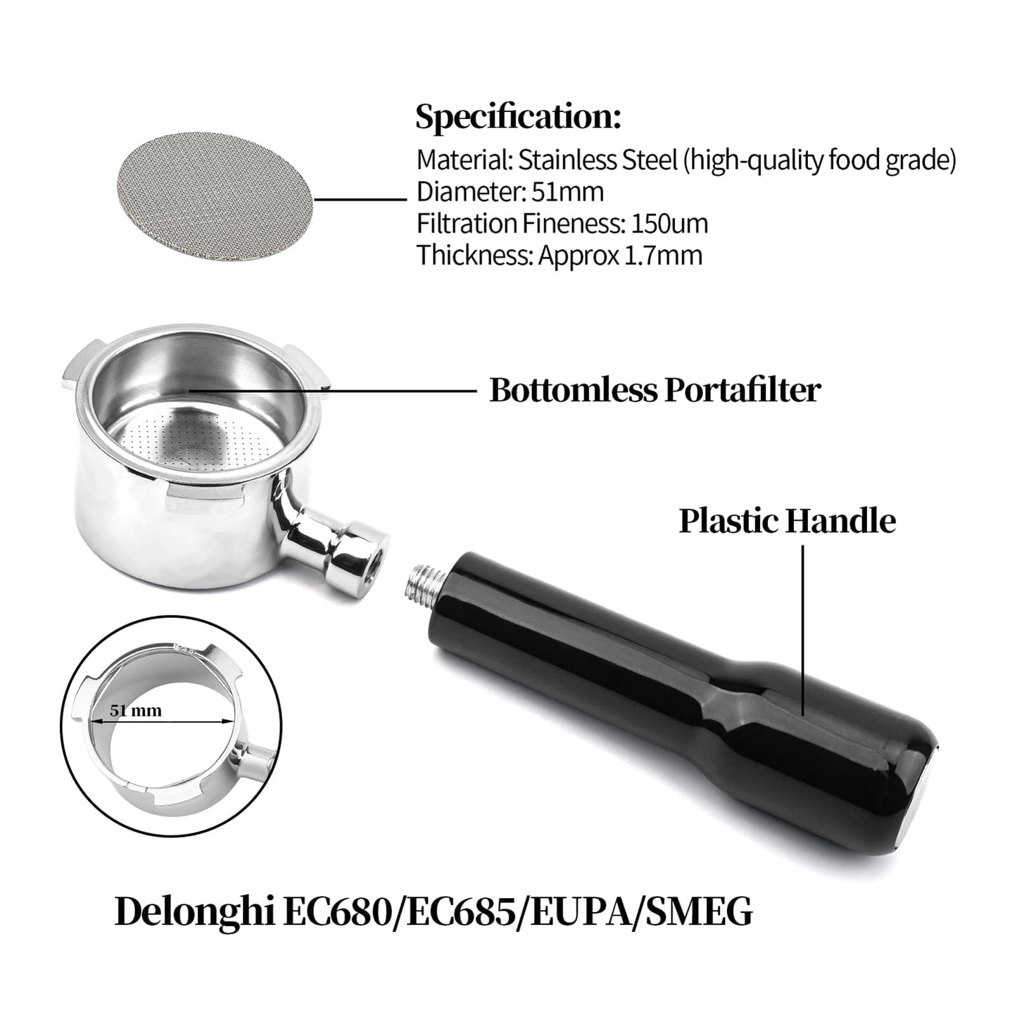 MZDMY Bottomless Tampers Portafilter with 3 Ears for Delonghi Espresso 51mm NEW