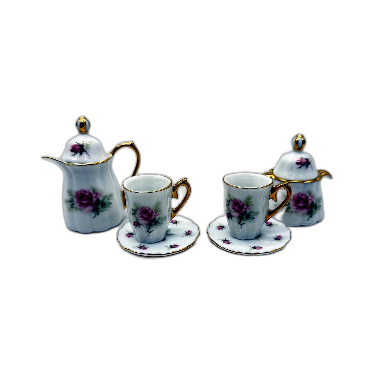 COLLECTABLE Miniature Porcelain Tea Set with Floral Teapot, Saucers & Cups