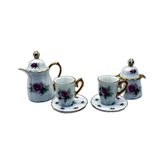 COLLECTABLE Miniature Porcelain Tea Set with Floral Teapot, Saucers & Cups