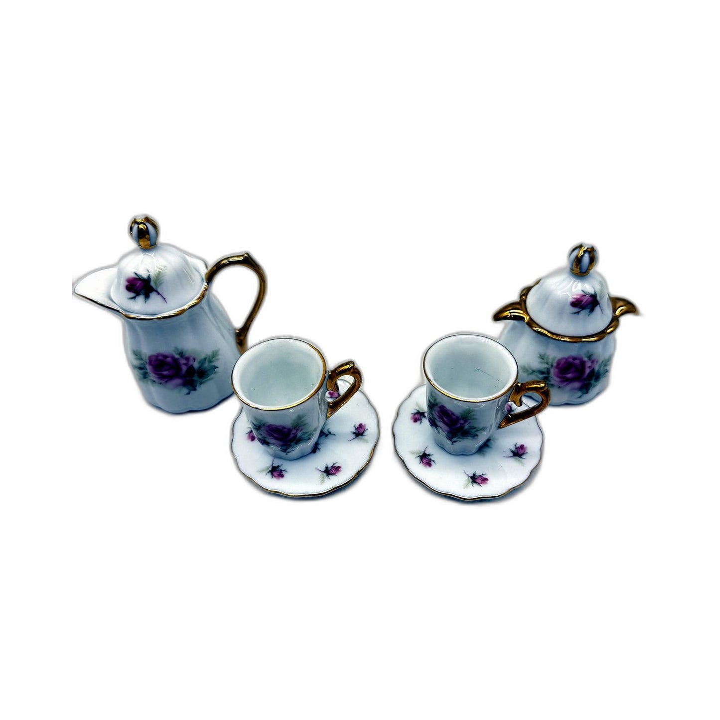 COLLECTABLE Miniature Porcelain Tea Set with Floral Teapot, Saucers & Cups