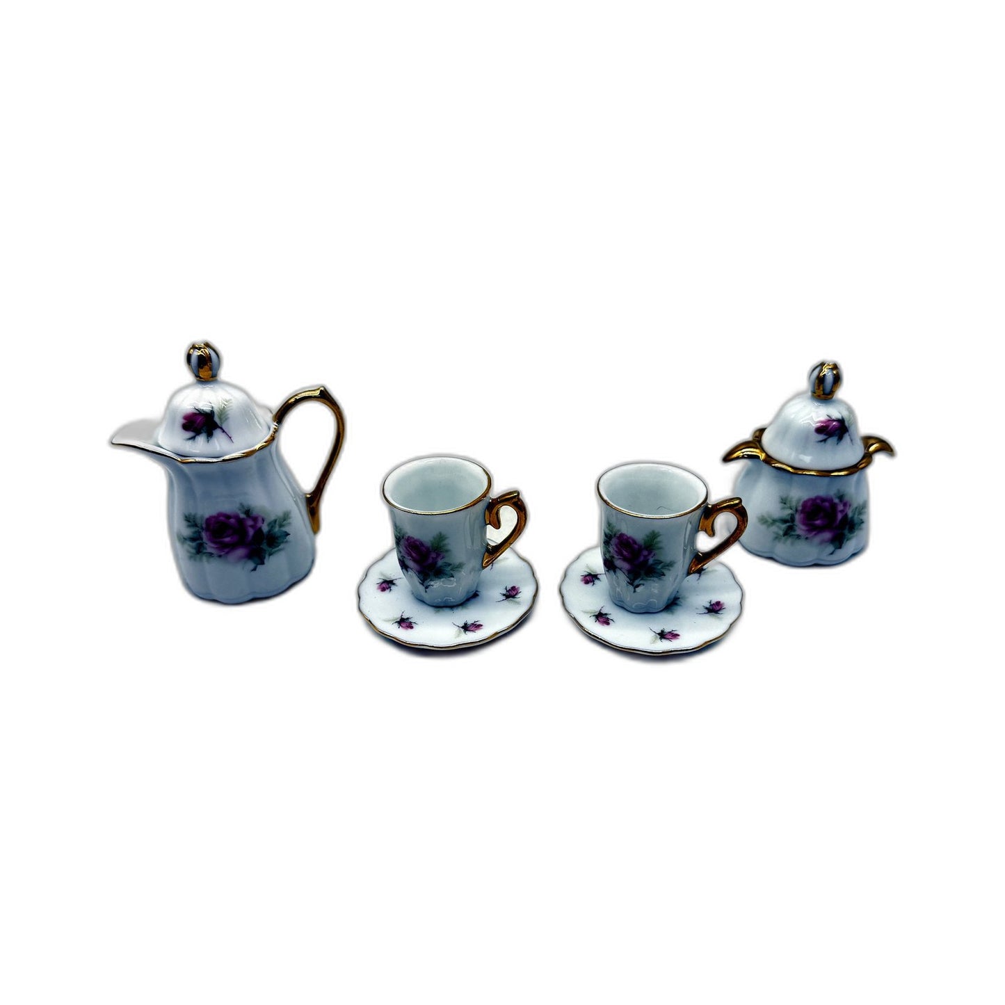 COLLECTABLE Miniature Porcelain Tea Set with Floral Teapot, Saucers & Cups