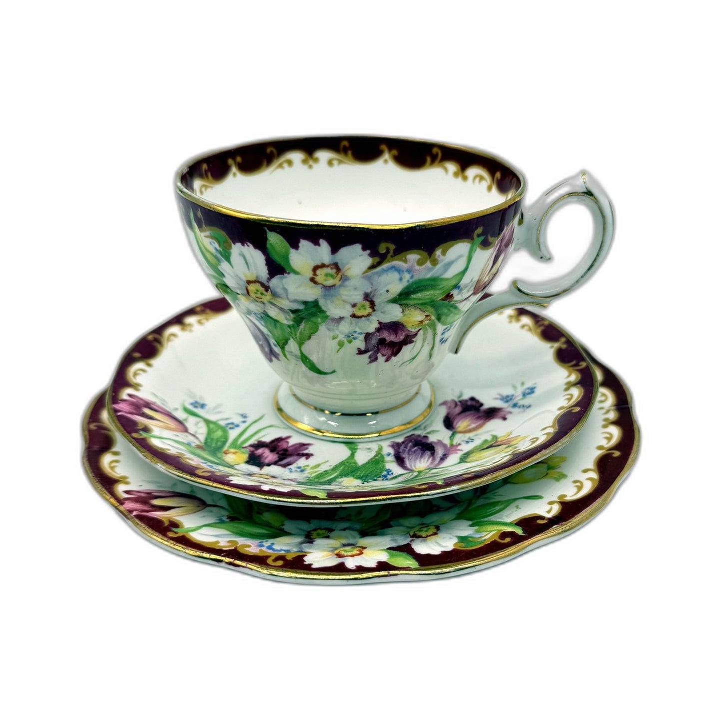 VINTAGE 3Pce Bell Fine Bone China Teacup and Saucer Set Floral Pattern Gold Trim