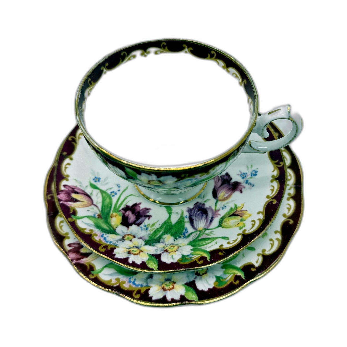 VINTAGE 3Pce Bell Fine Bone China Teacup and Saucer Set Floral Pattern Gold Trim
