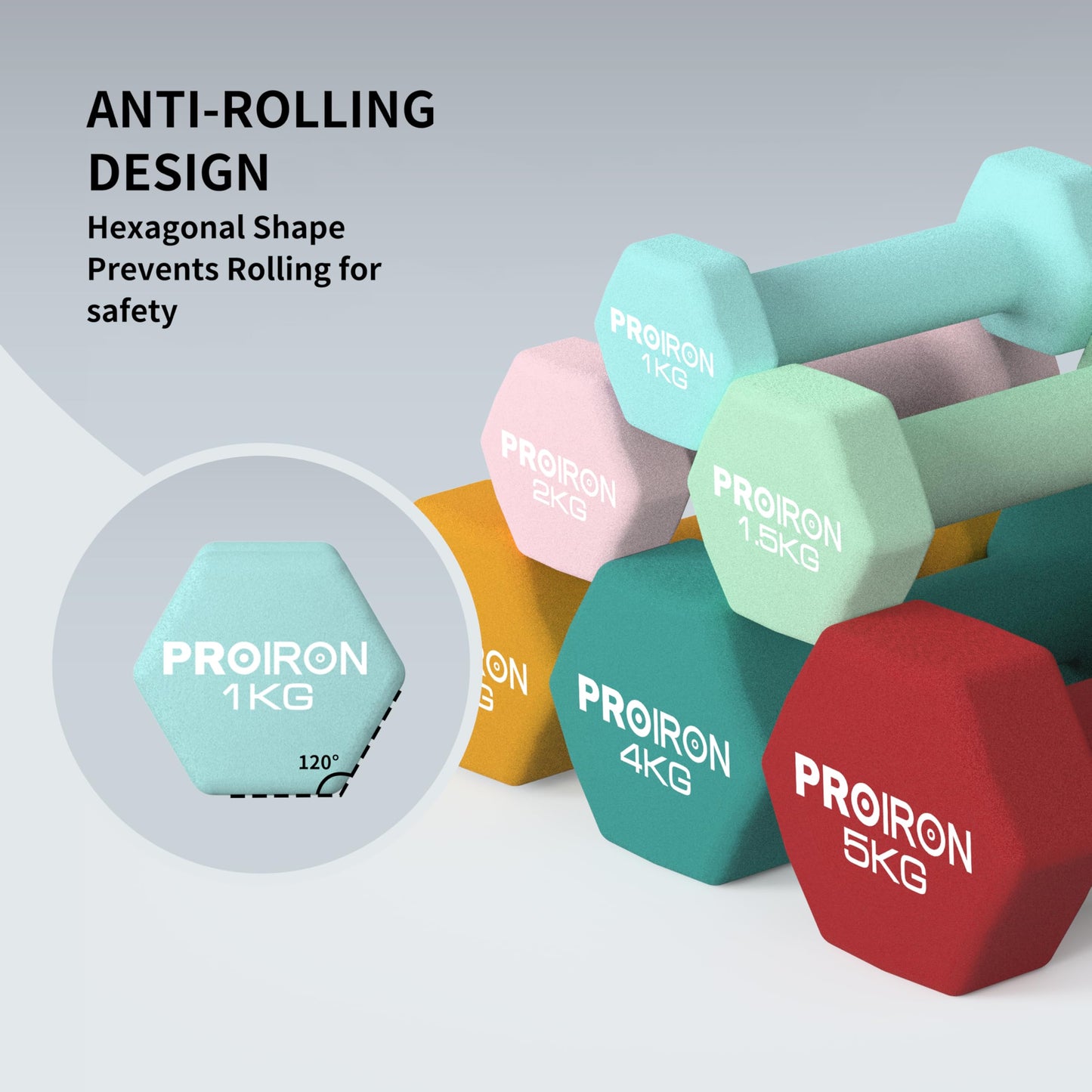 PROIRON Hexagonal Dumbbells Pair Anti-Slip Neoprene Soft-Touch Light Blue 2 NEW