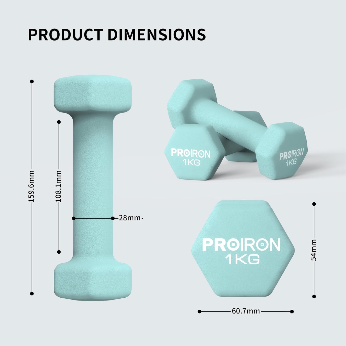 PROIRON Hexagonal Dumbbells Pair Anti-Slip Neoprene Soft-Touch Light Blue 2 NEW