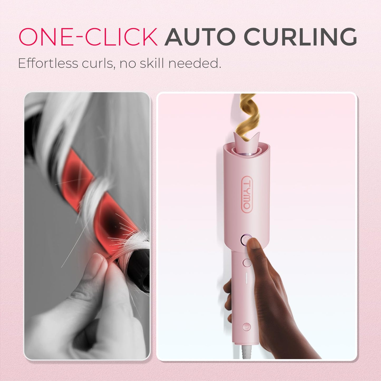 TYMO 25mm Ceramic Automatic Curling Iron Wand for Women, Pink Hair Styling NEW