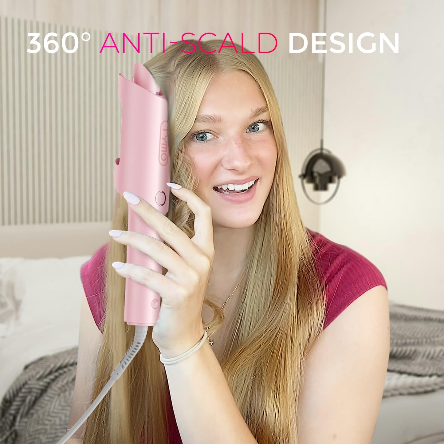 TYMO 25mm Ceramic Automatic Curling Iron Wand for Women, Pink Hair Styling NEW