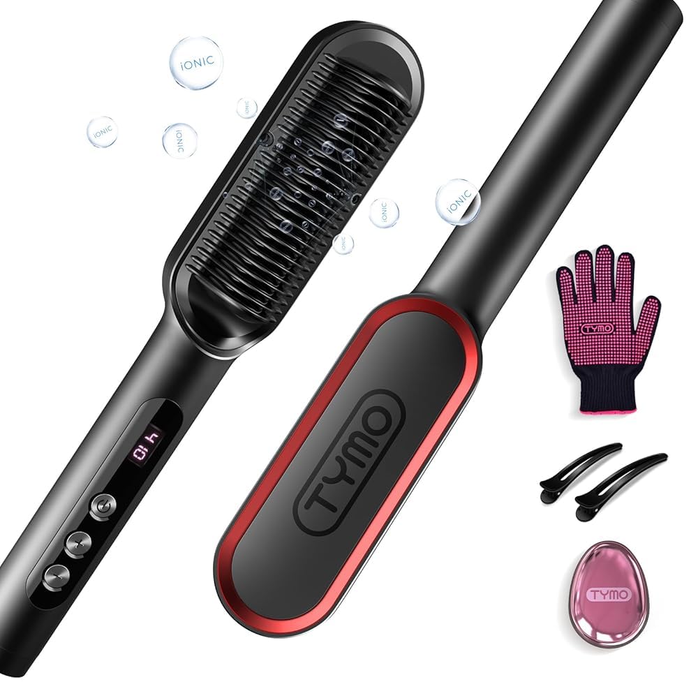 TYMO Ionic Hair Straightener Brush, Dark Grey & Red Straightening Iron Comb DEMO
