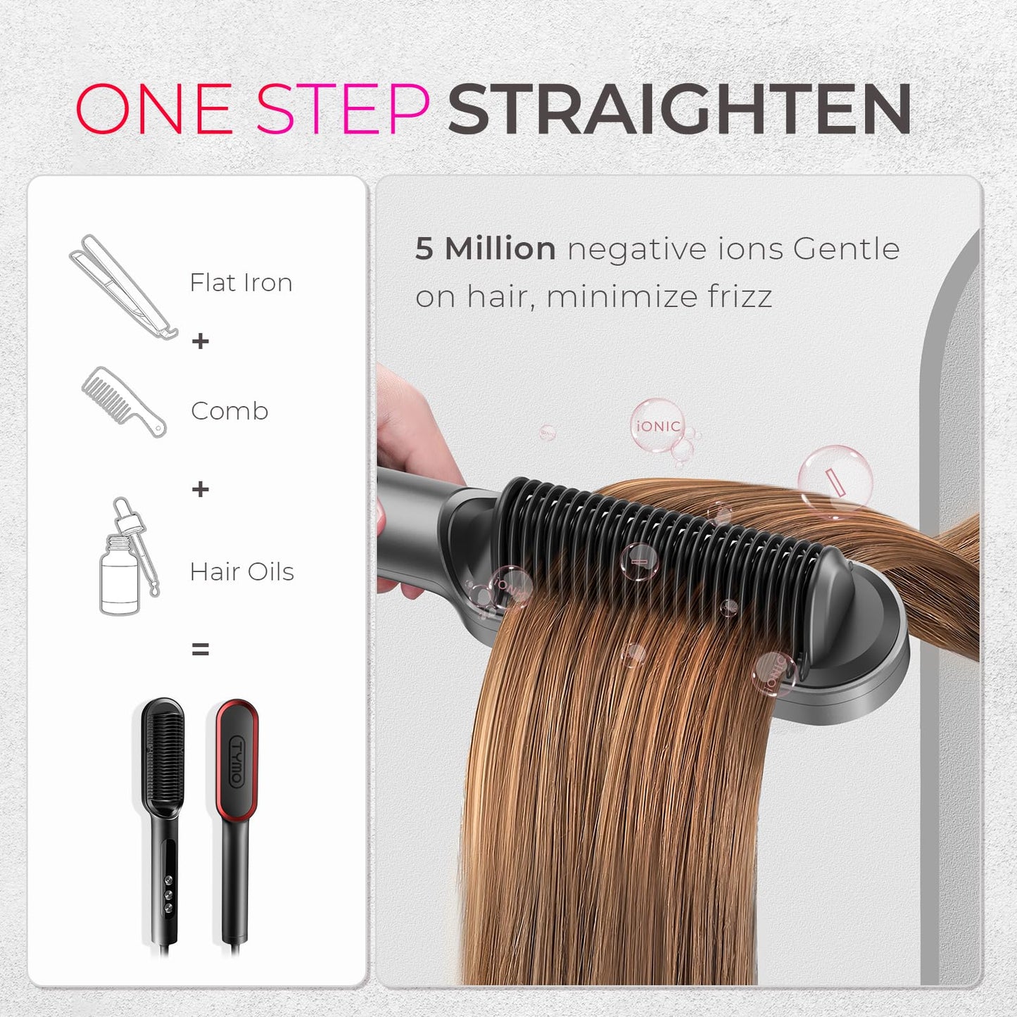 TYMO Ionic Hair Straightener Brush, Dark Grey & Red Straightening Iron Comb DEMO