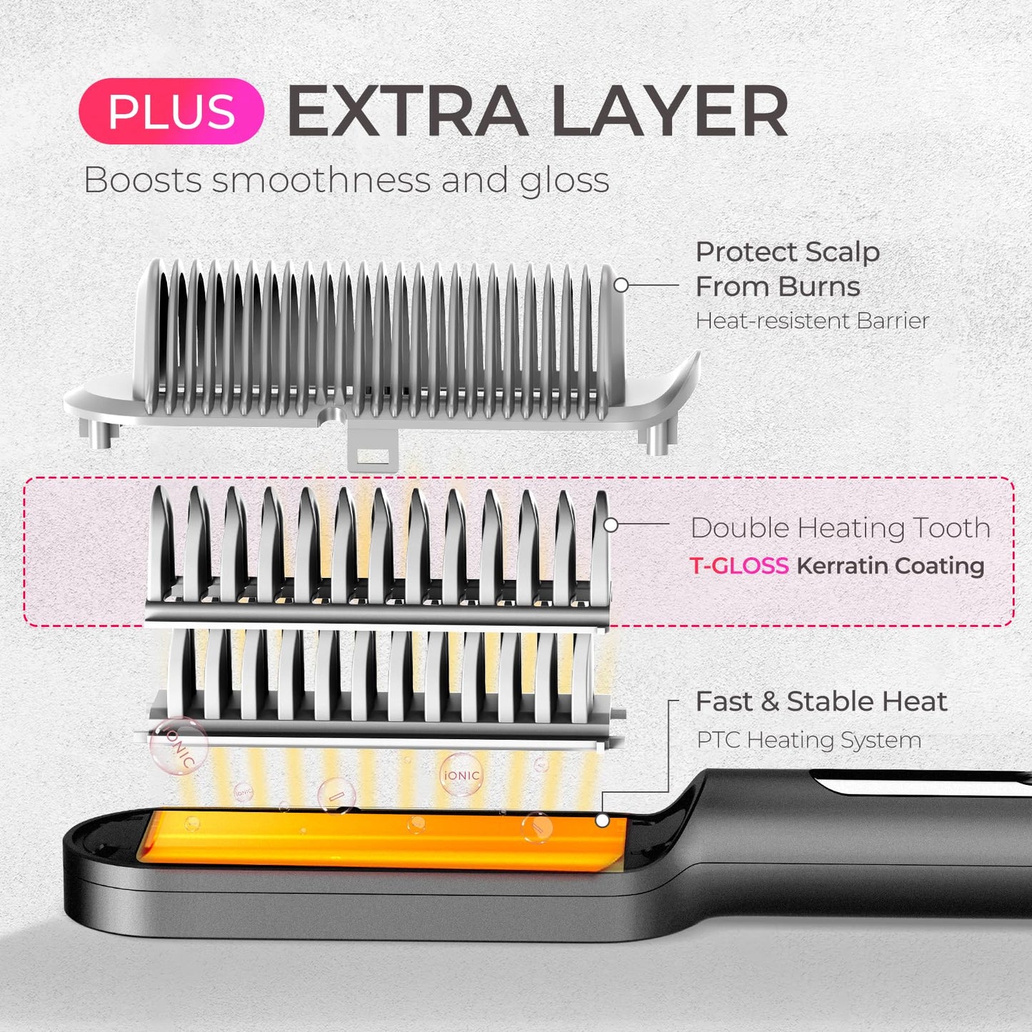 TYMO Ionic Hair Straightener Brush, Dark Grey & Red Straightening Iron Comb DEMO