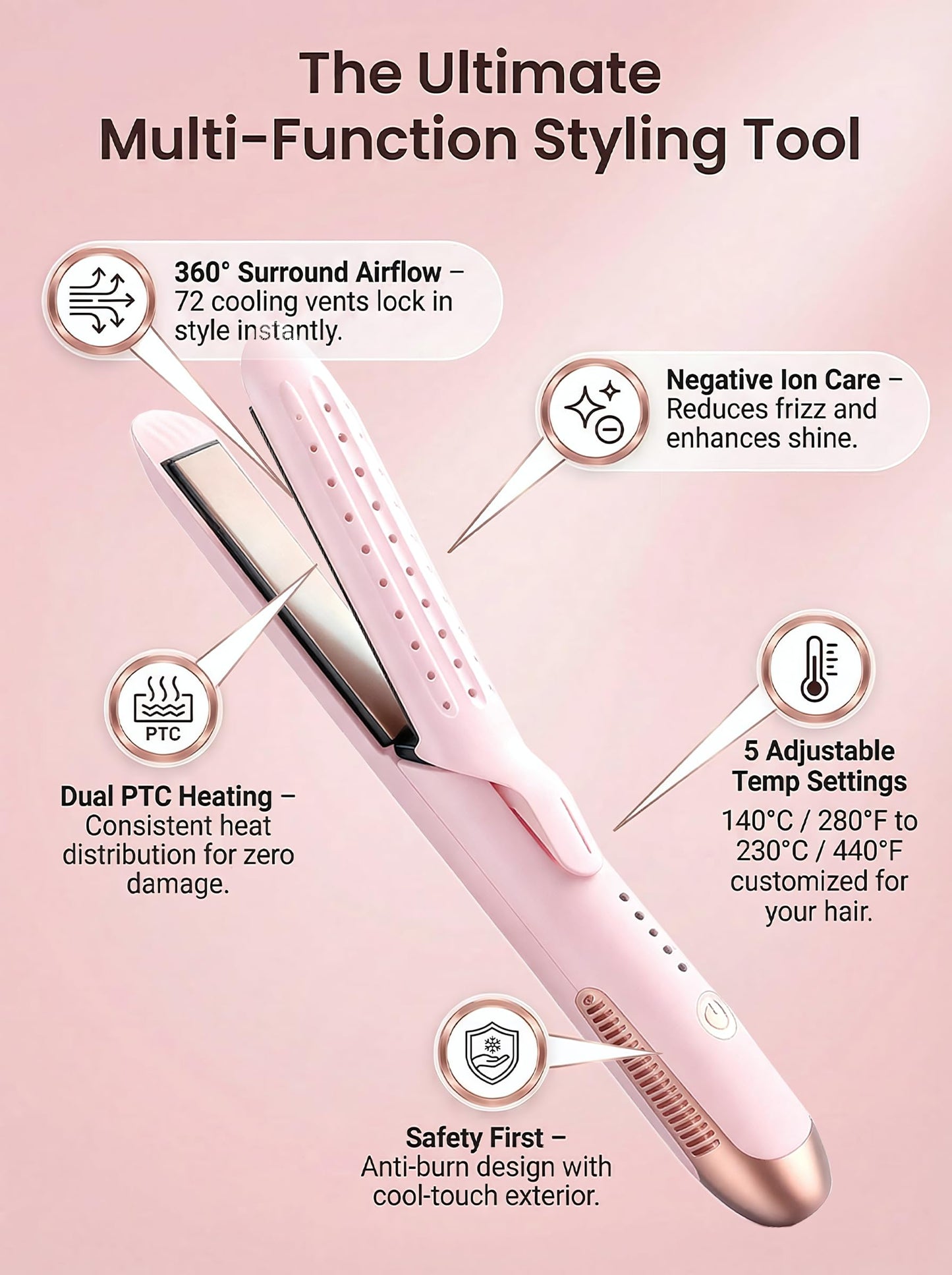 Vibraroo 2-in-1 Hair Straightener and Curler, Pink, 27.5 cm x 3.5 cm, DEMO
