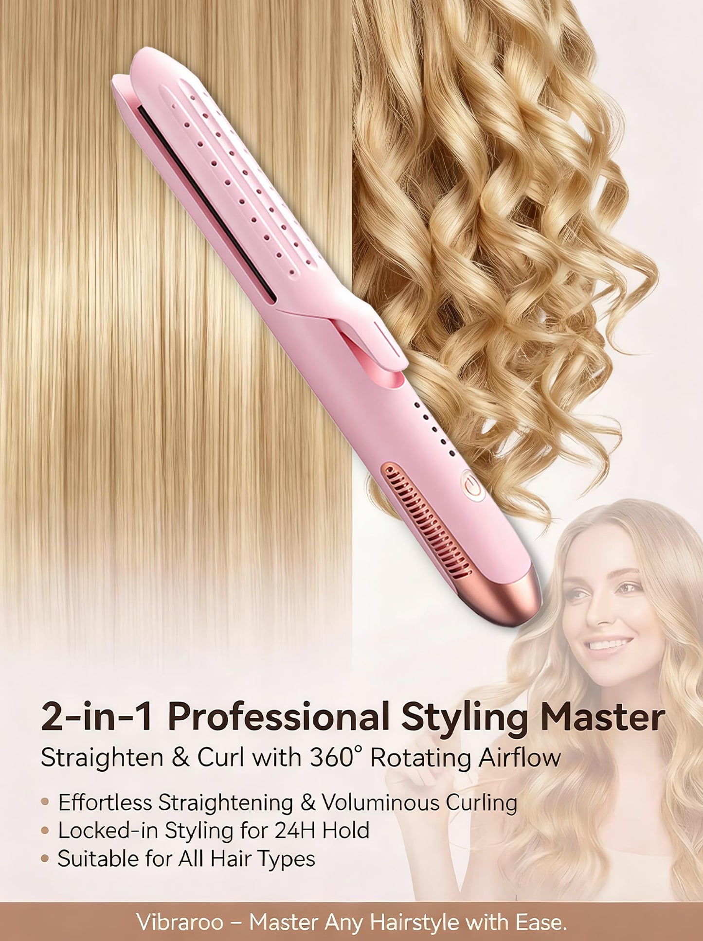Vibraroo 2-in-1 Hair Straightener and Curler, Pink, 27.5 cm x 3.5 cm, DEMO