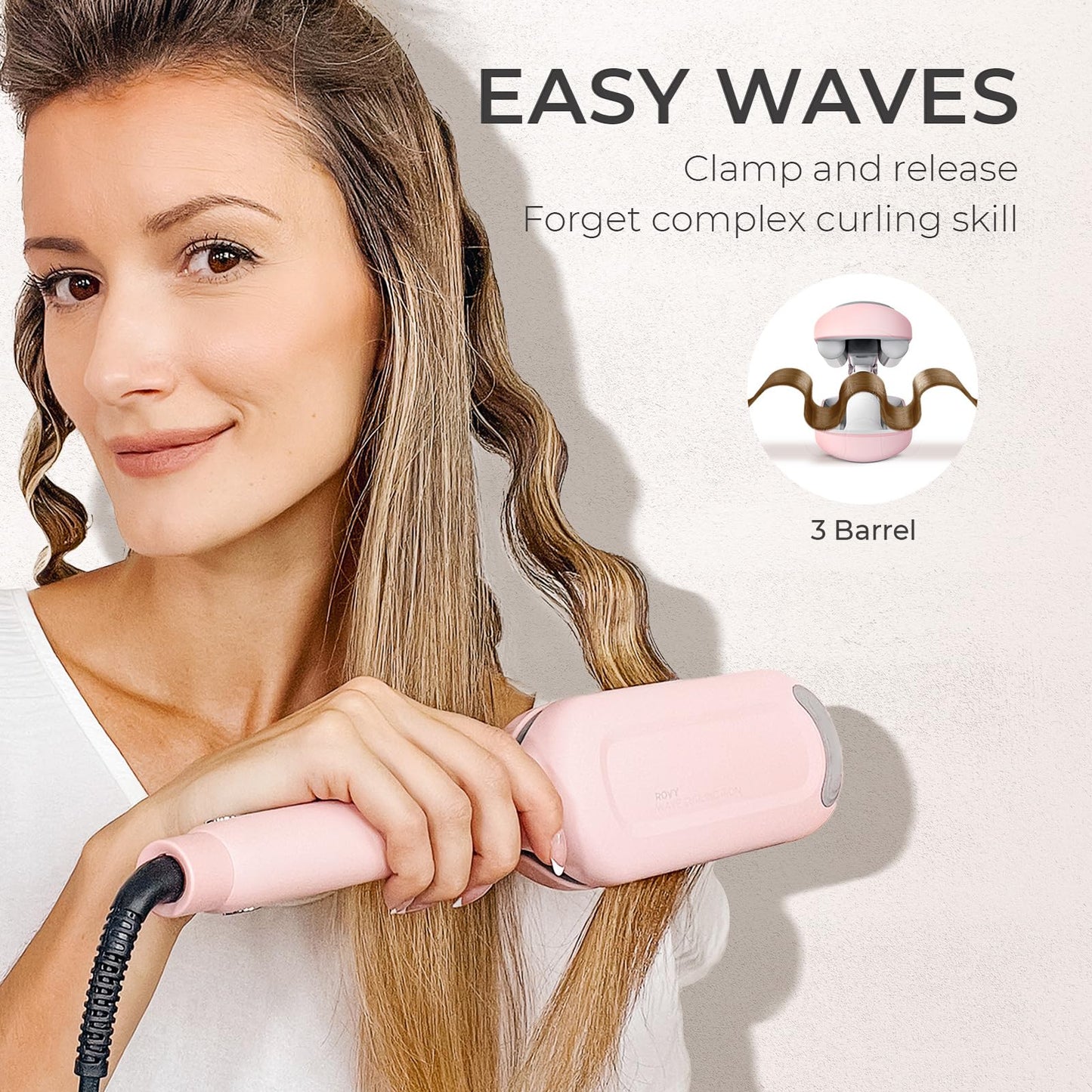 TYMO 32mm Wavers Hair Crimper Tool for Beach Waves Ionic Tourmaline Pink NEW