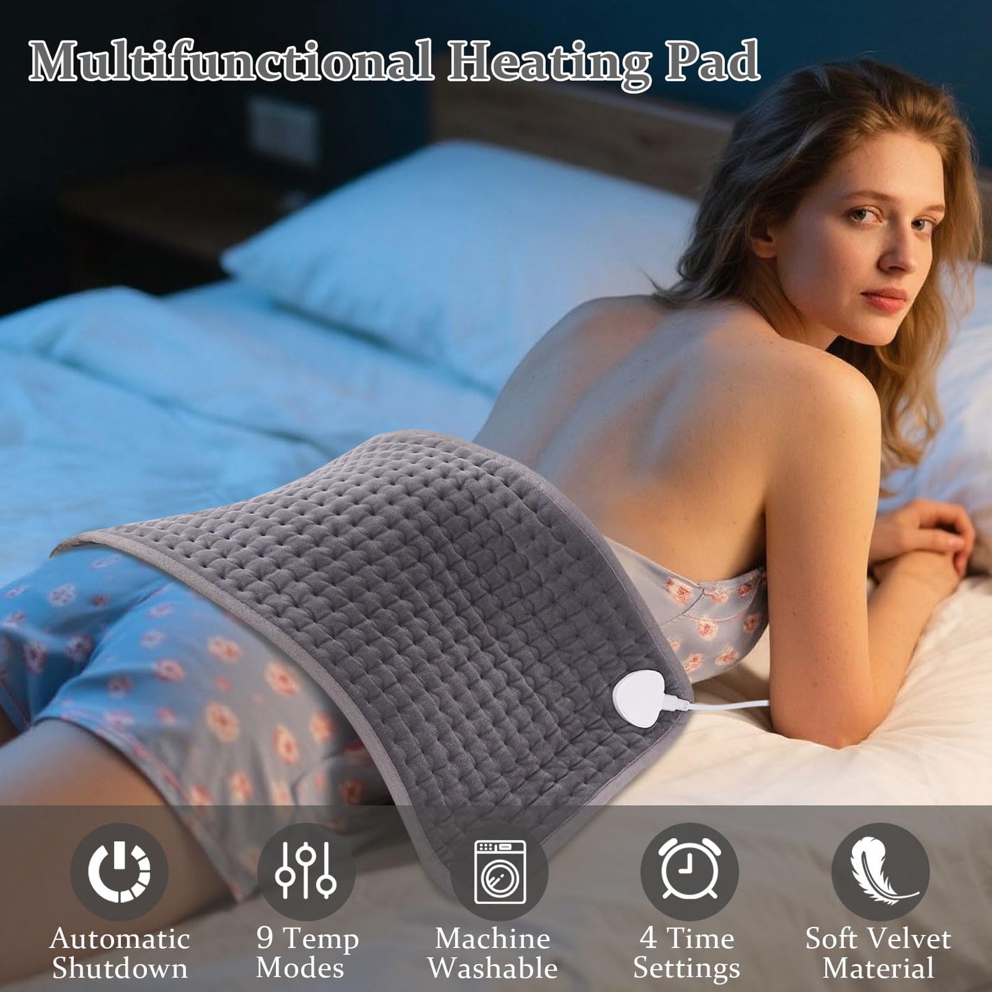 oolong Electric Heating Pad 9 Heat Settings Auto Shut Off Soft Velvet Grey DEMO