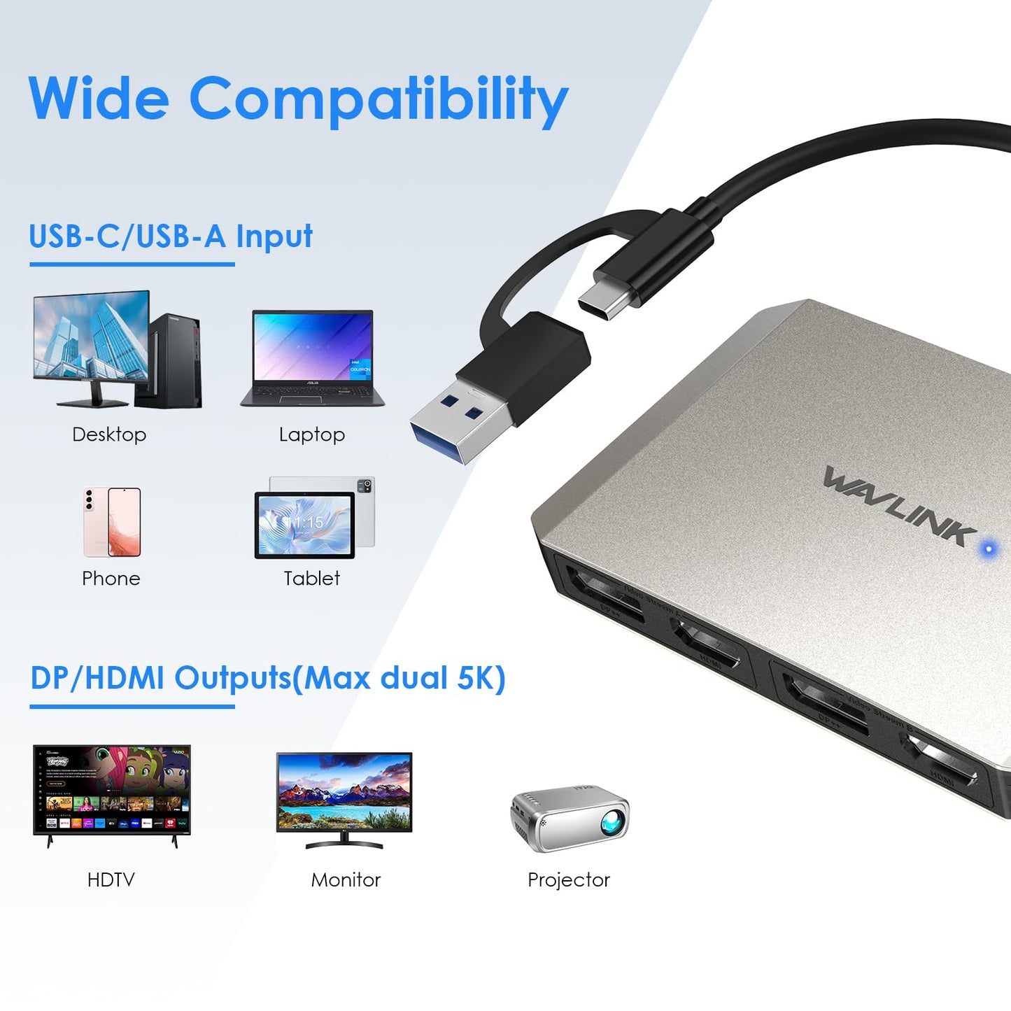 WAVLINK USB USB Hubs 3.0 or USB-C to DisplayPort HDMI Adapter Dual BLACK NEW