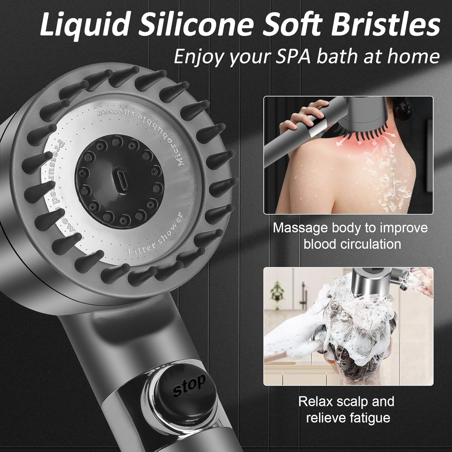 YFUN Shower Head with Scalp Massager Shampoo Brush for Hair & Skin Care DEMO