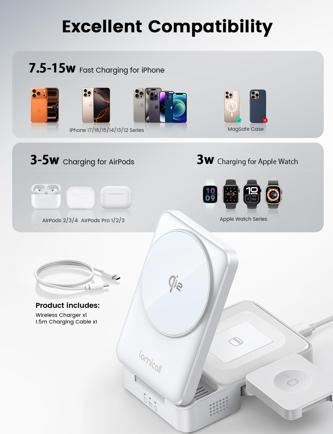 Lamicall 3-in-1 Induction Chargers Qi2 Certified Wireless Charging Station NEW