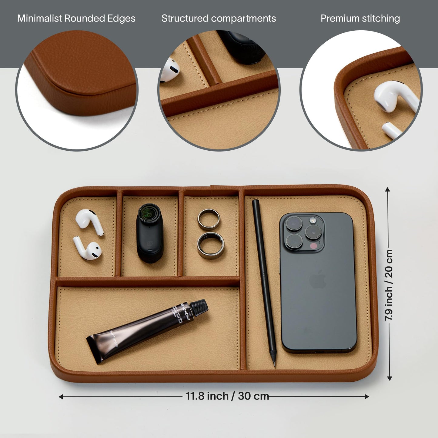 Nordik By Design Decorative Leather Valet Tray Large EDC Sand Brown 30x20cm NEW
