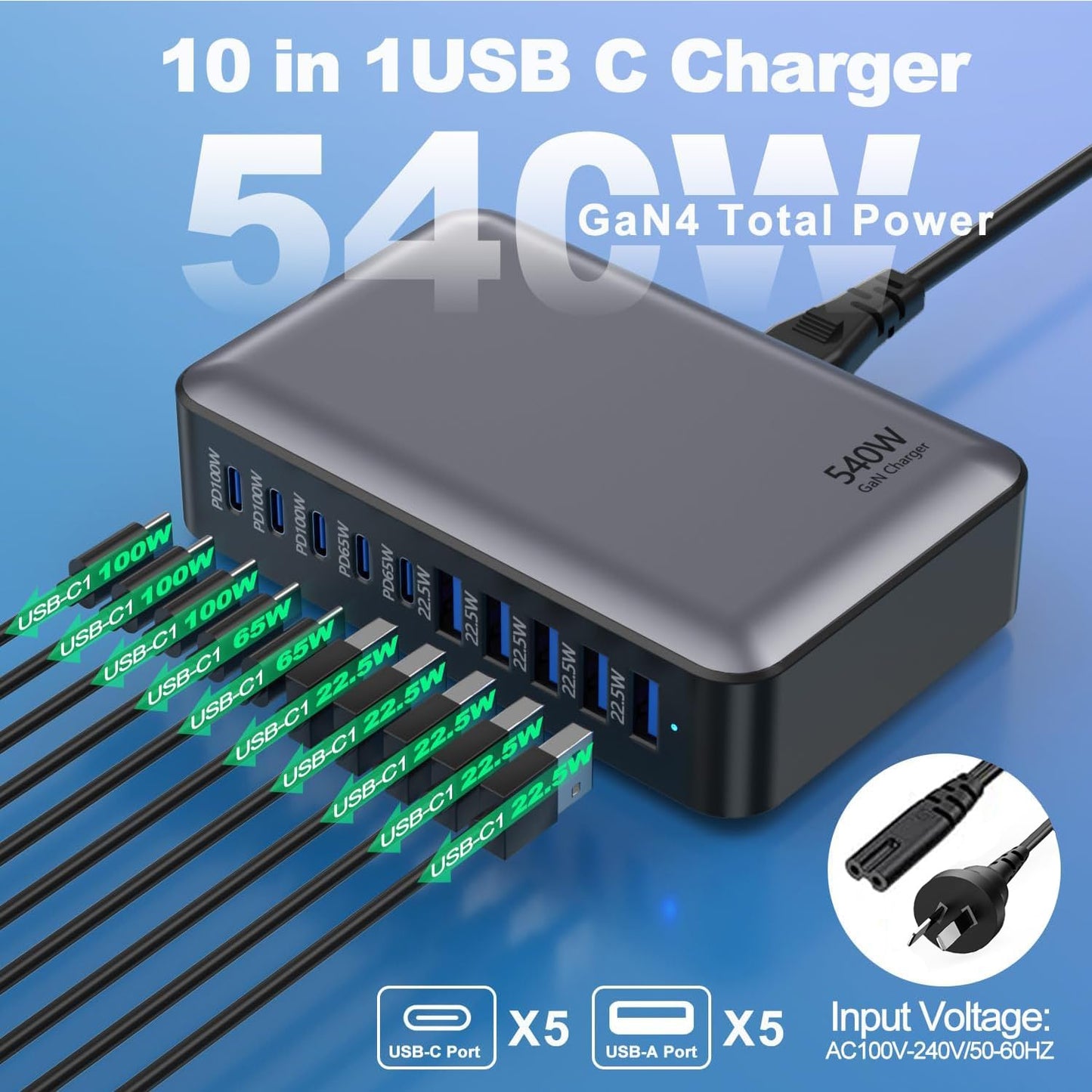 sccvee 540W 10-Port USB C Charging Station PD 100W Laptop Charger GaN Black DEMO