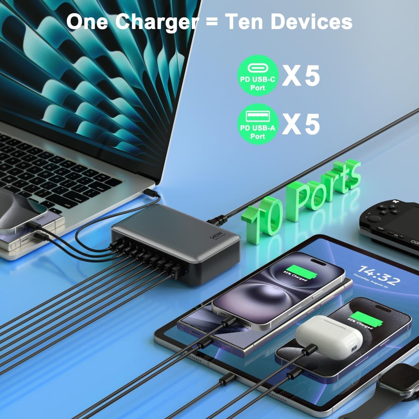 sccvee 540W 10-Port USB C Charging Station PD 100W Laptop Charger GaN Black DEMO